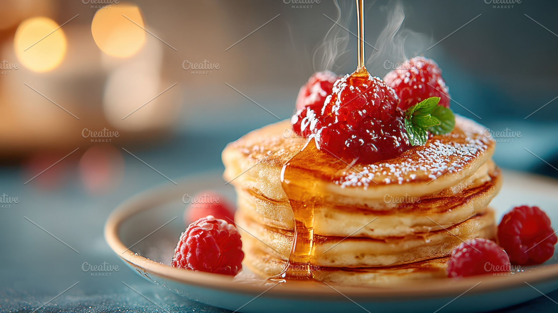 Fluffy pancakes with berries and syrup, a Food & Drink Photo by AlyaAnd