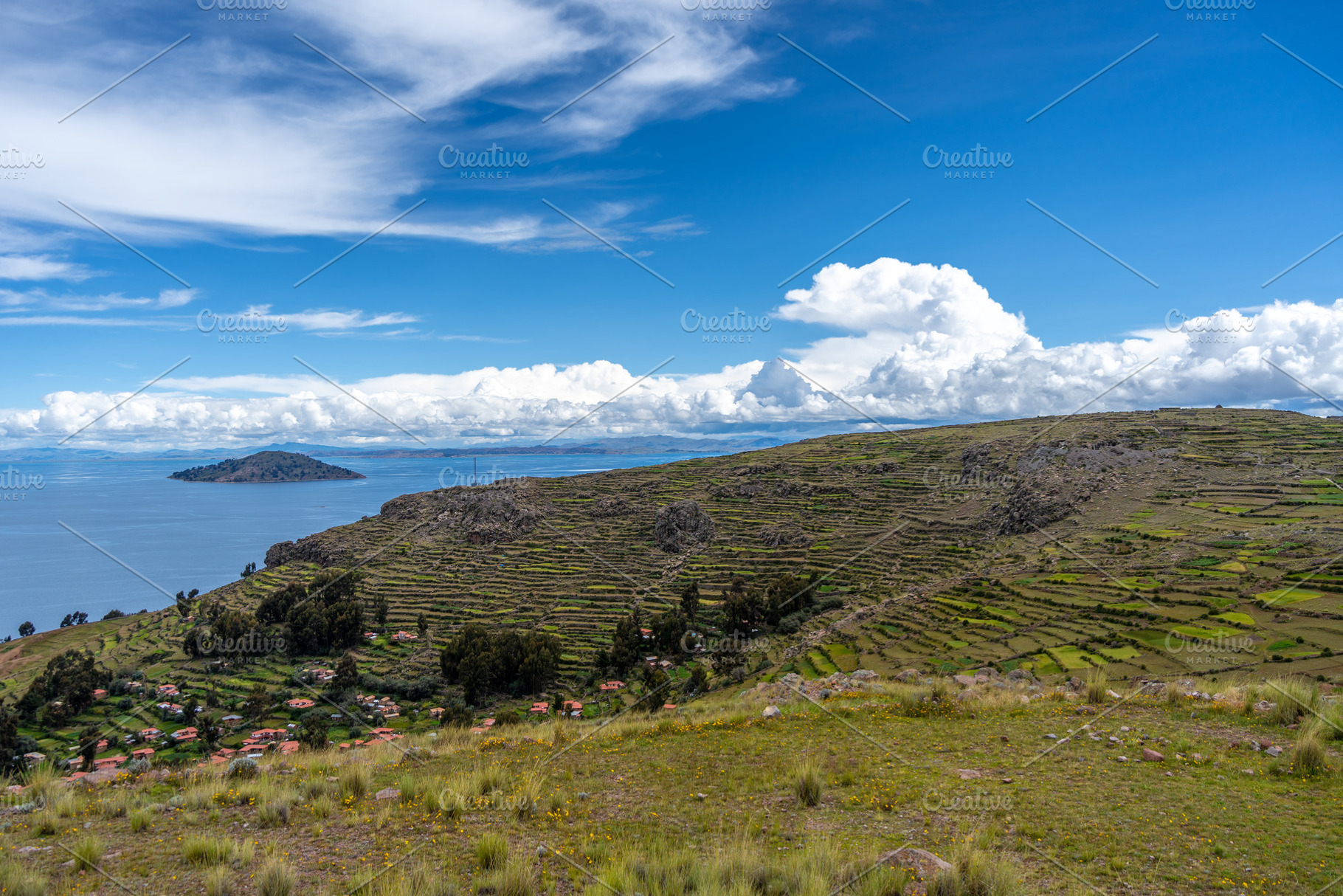 Terraced fields on Amantani Island overlooking Lake Titicaca, Pe, a Nature Photo by GoodGoods