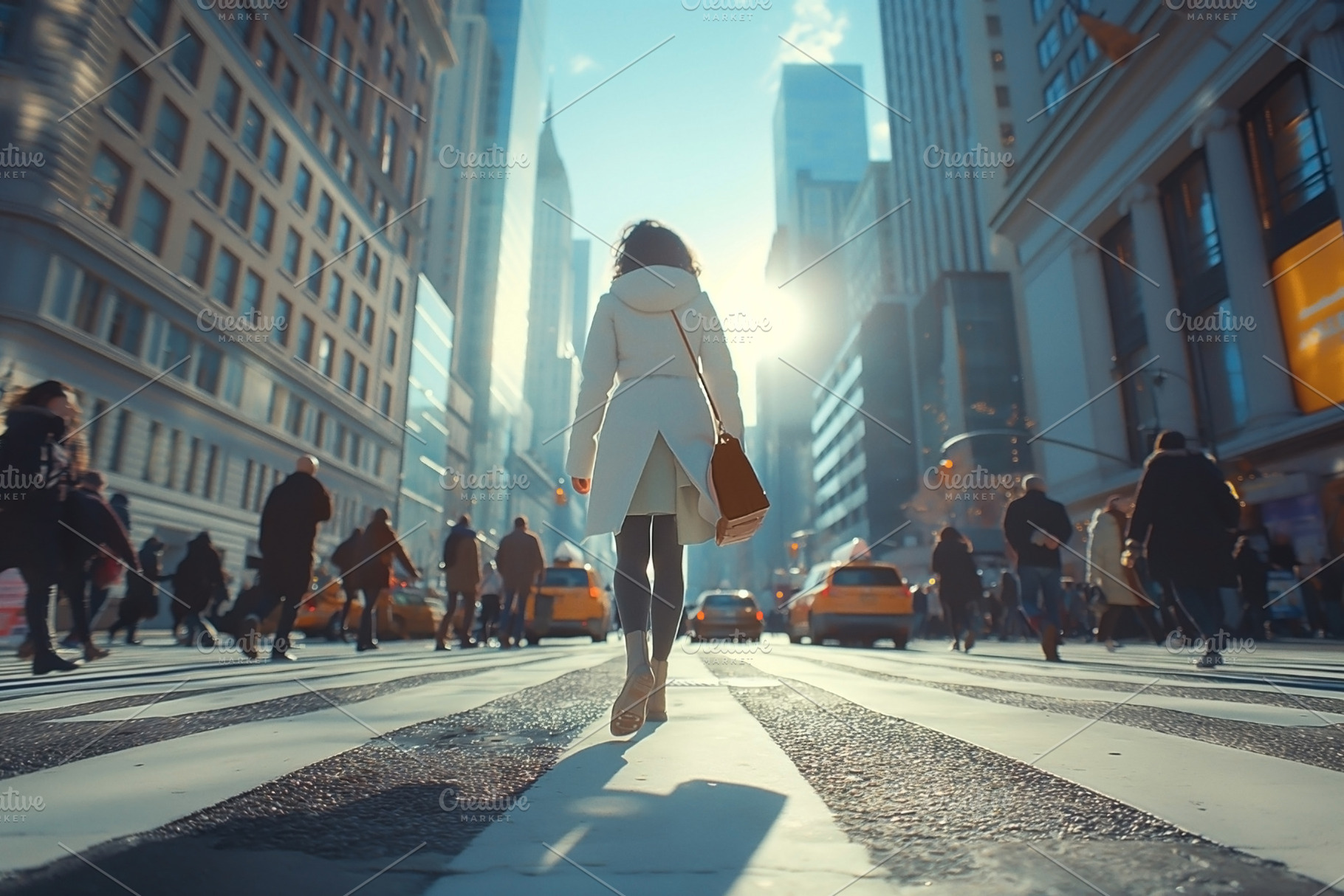 A woman in a white coat walks confidently through a bustling cit, a Person Photo by ImageMir