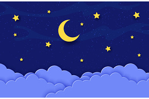 Night sky with paper cut moon, a Seasonal Illustration by Vector Tradition