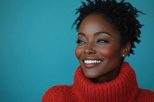 Joyful woman in red sweater with natural curly hair smiling brightly against a, a Person Photo by José Manuel Gelpi