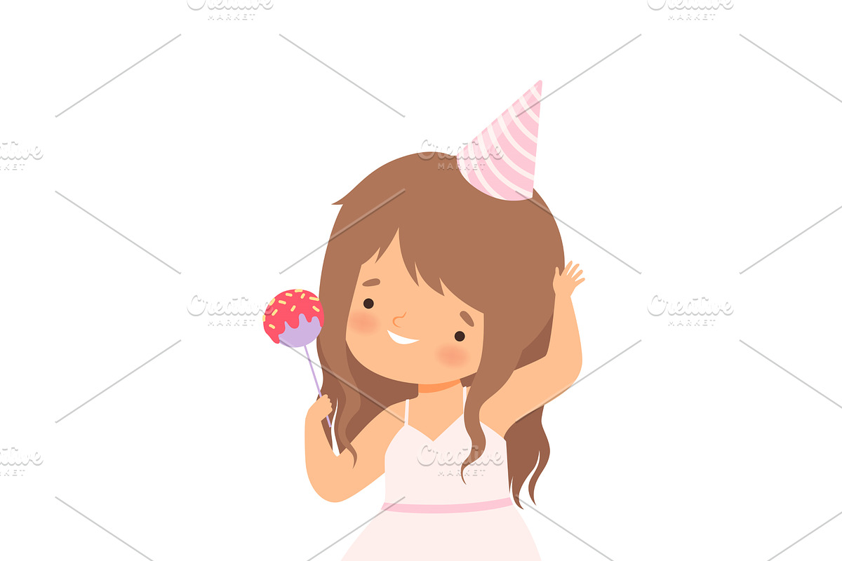 Little Girl Wearing Birthday Hat, a Person Illustration by TopVectors