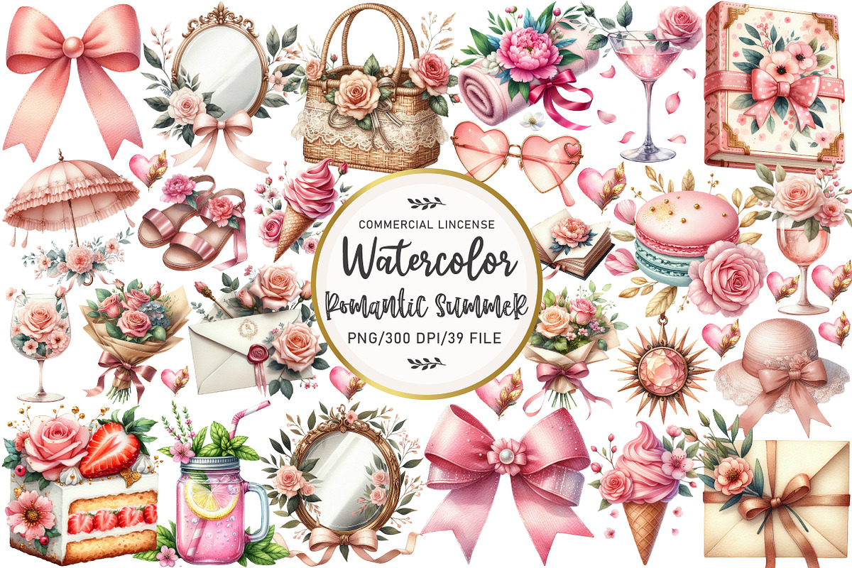 Watercolor Romantic Summer Clipart, an Illustration by OK Design (Photo 1 of 5)