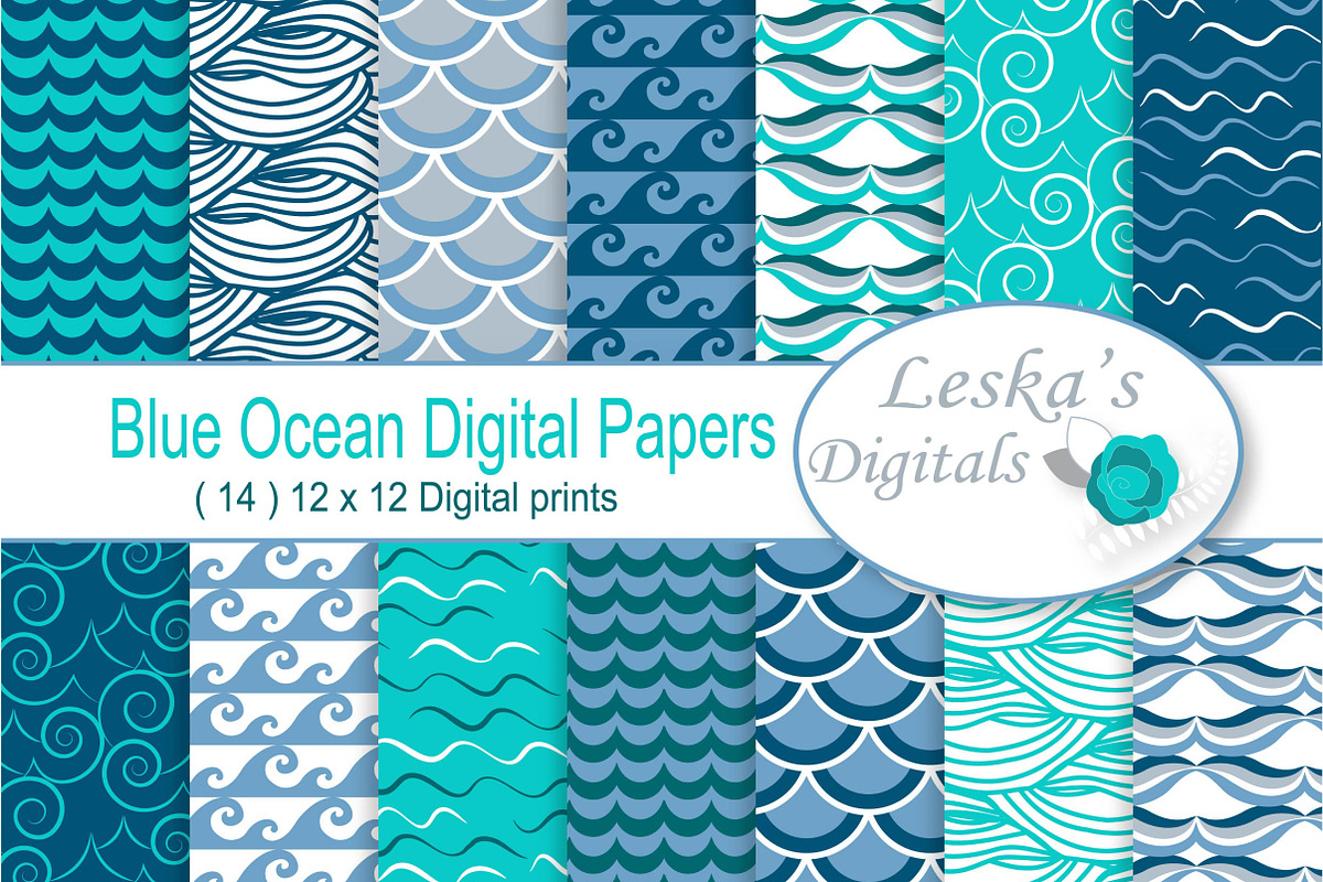 Ocean Blue Waves Digital Paper, a Pattern Graphic by Leska's Digitals (Photo 1 of 6)
