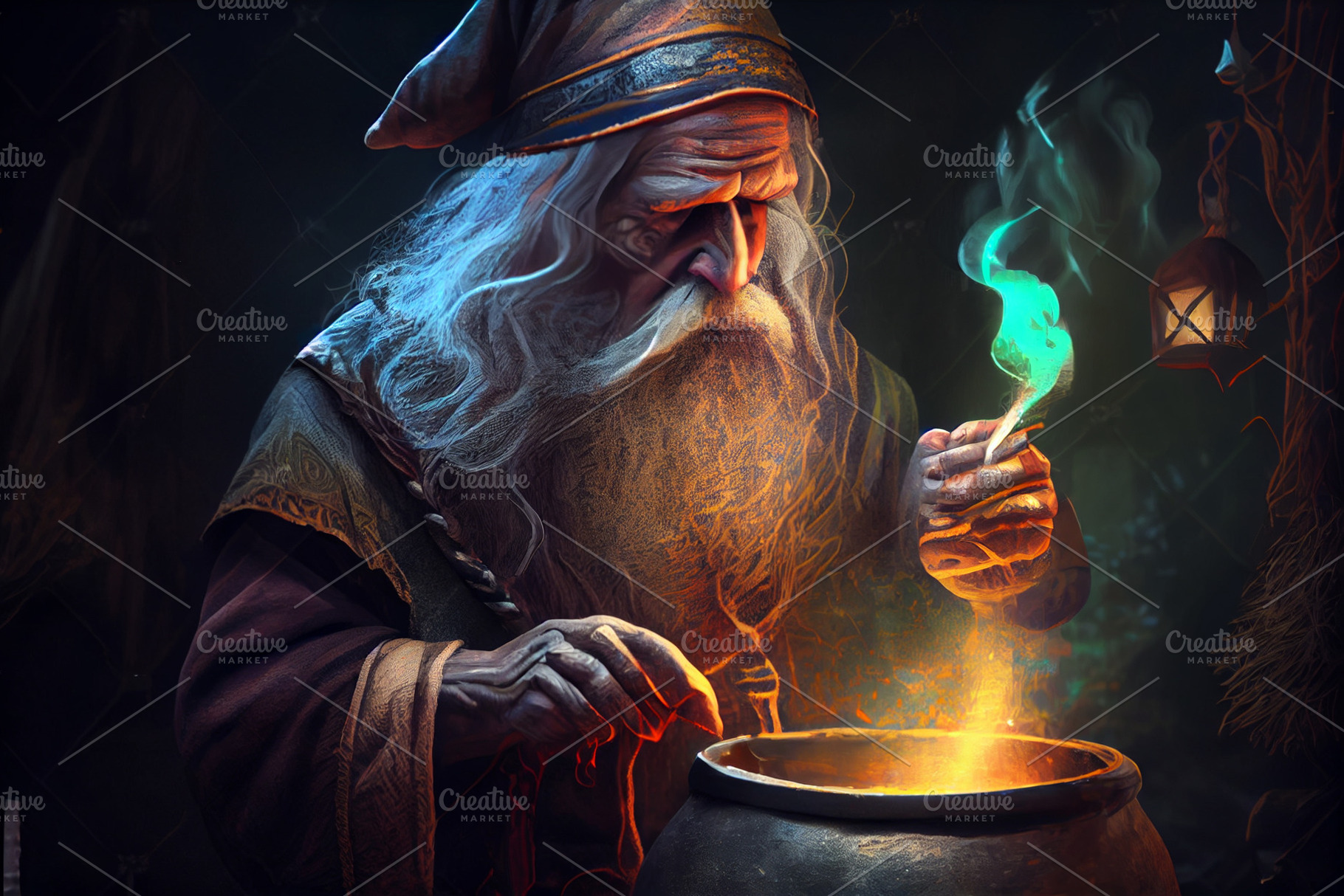 elderly alchemist monk brews magic potion, a Person Photo by Olyryk & Aglo