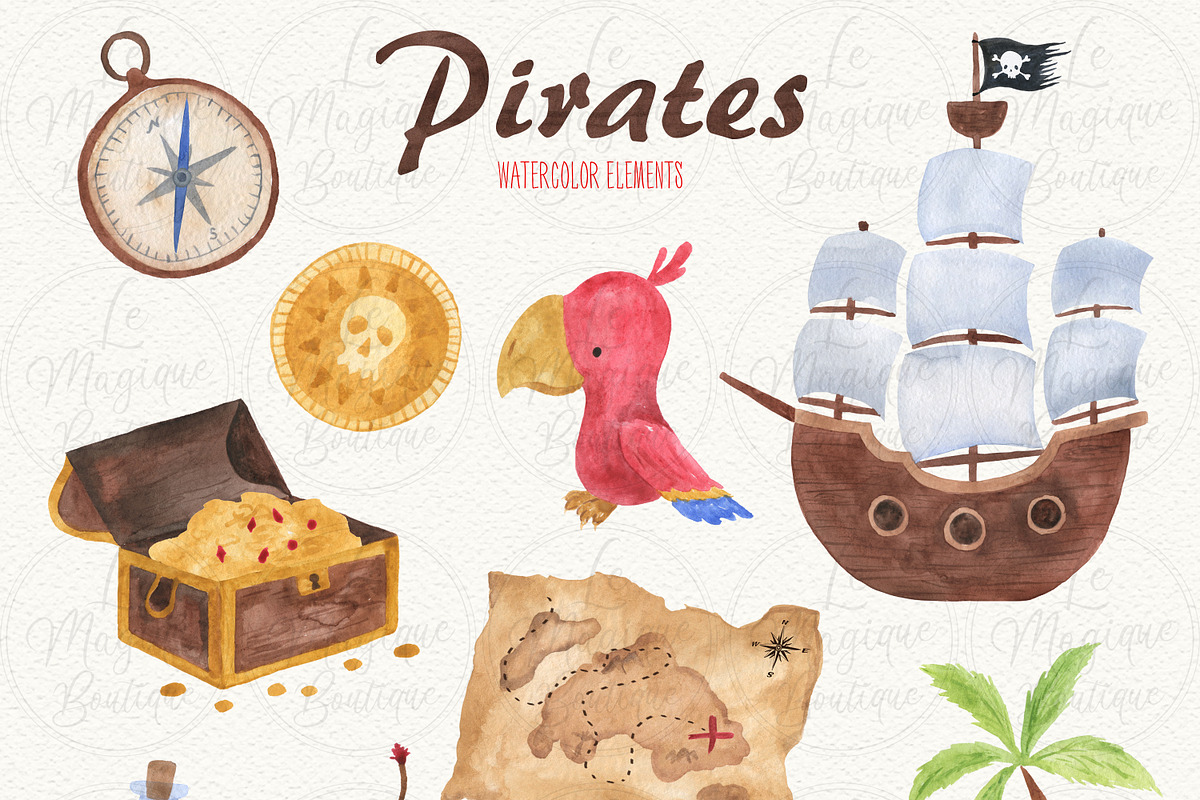 Pirates Watercolor Clipart Set, an Animal Illustration by LeMagiqueBoutique (Photo 2 of 8)