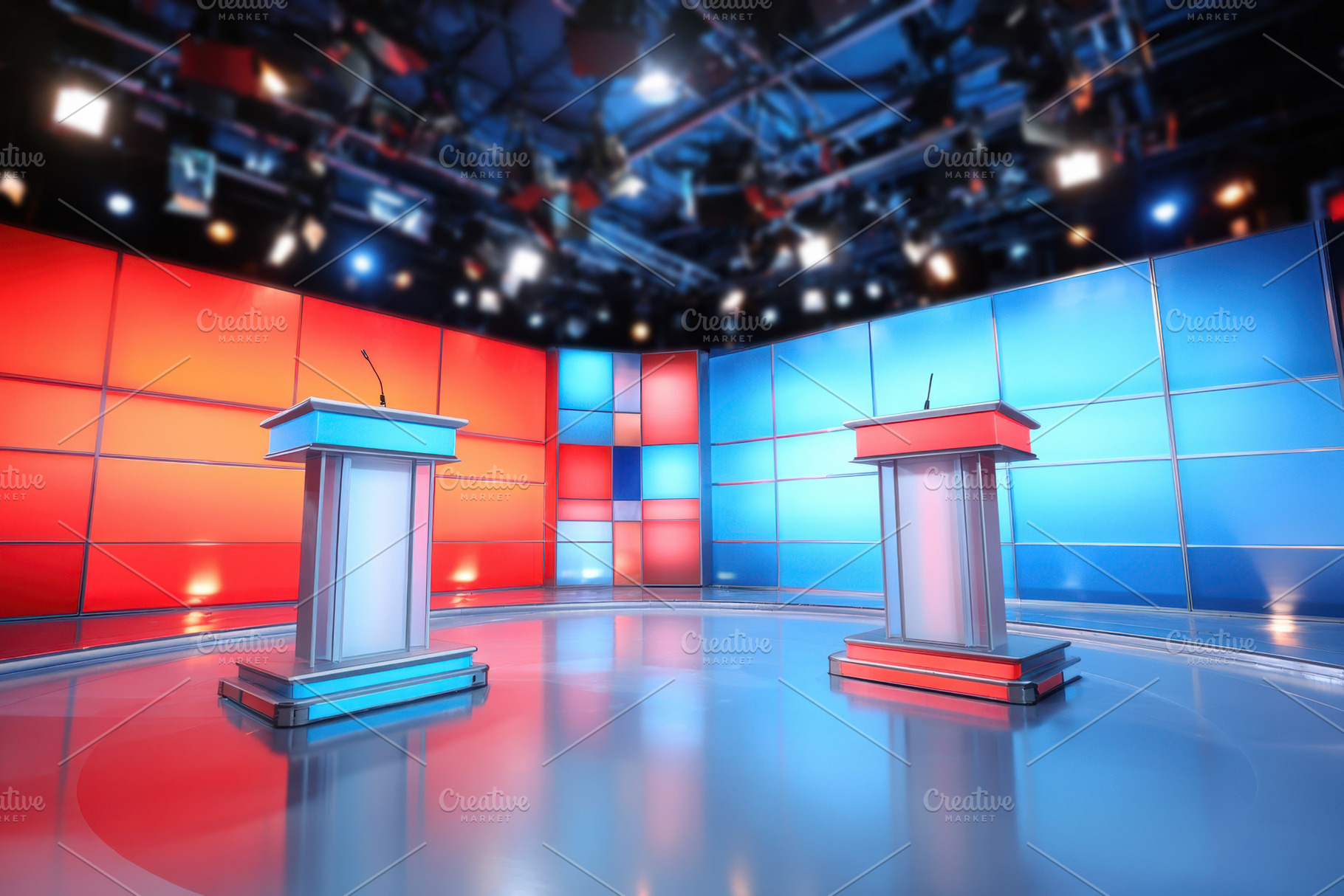Modern debate stage with podiums, an Abstract Photo by AlyaAnd