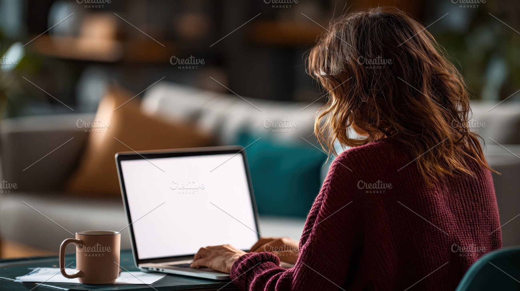Woman working on laptop at home cozy, a Photo by Pixeness Studio