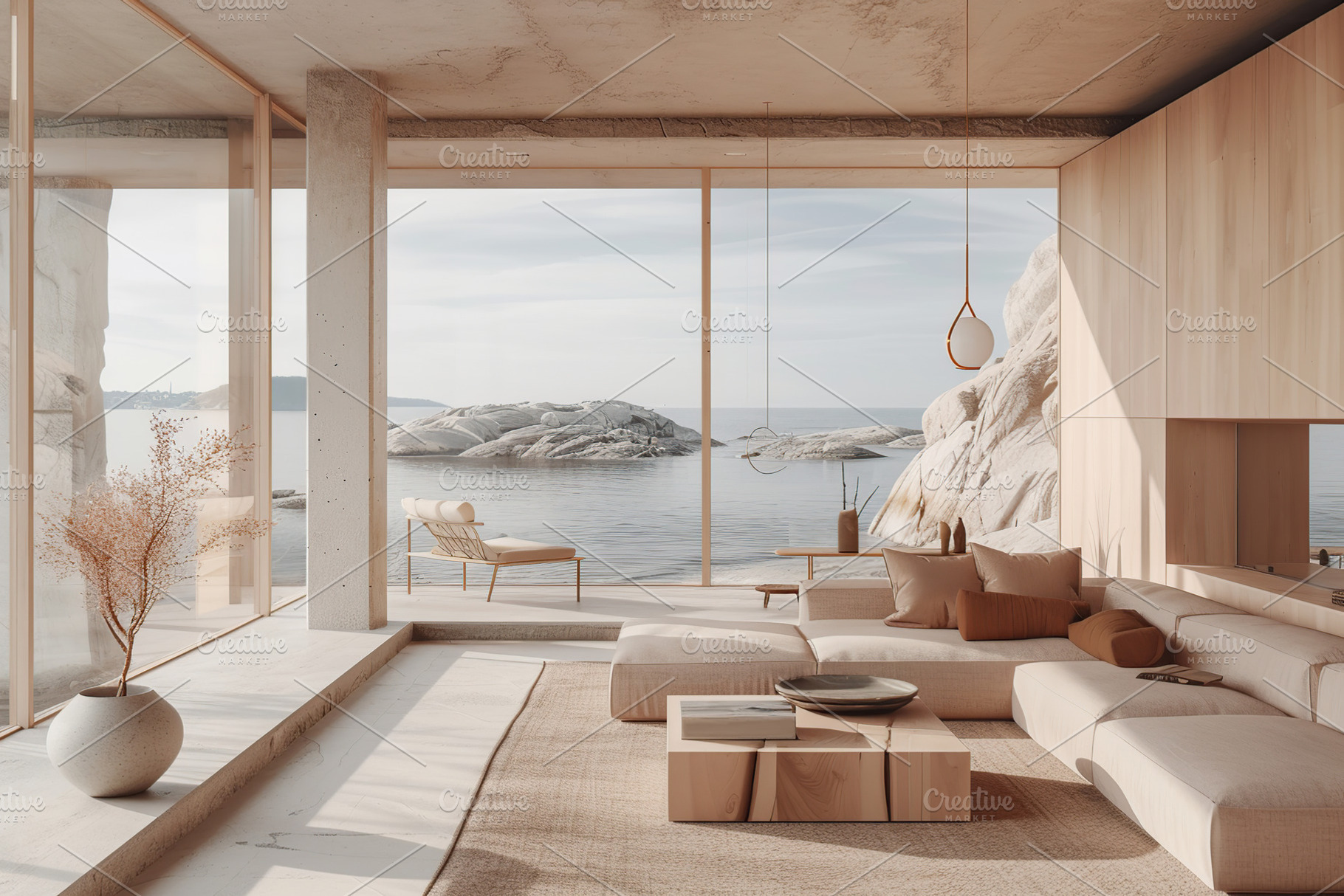 Modern living room with couch overlooking on ocean. Scandinavian, a Beauty & Fashion Photo by AlyaAnd