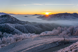 Beautiful winter morning stock photo containing alps and autumn