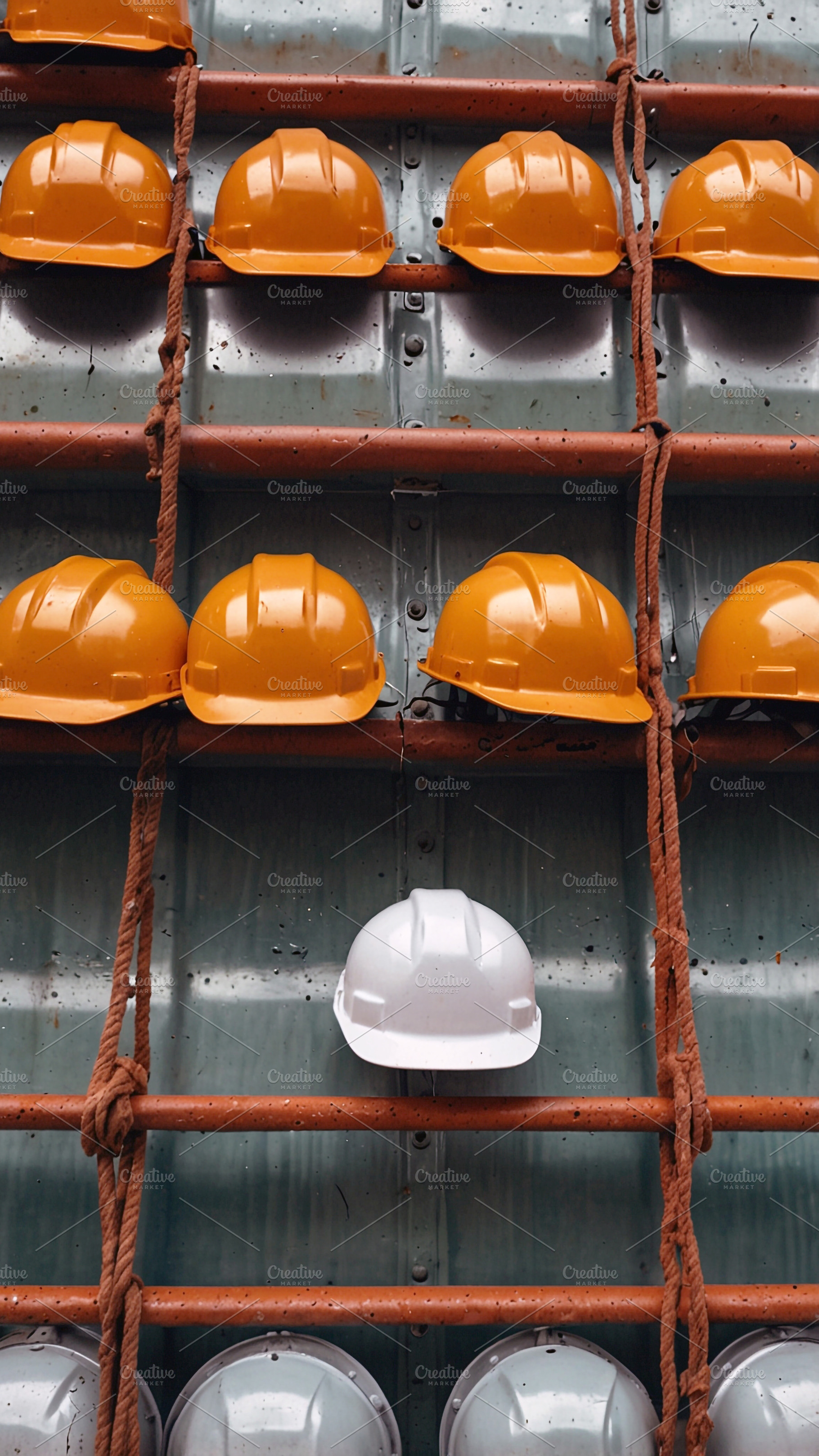 Hard Hats on Rack at Construction, an Industrial Photo by Stock Shape
