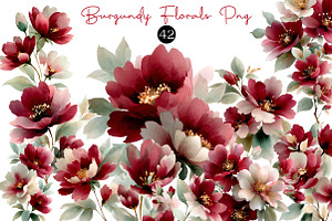 Watercolor Burgundy Florals Png, an Illustration by DreamCafeArt