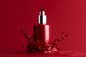 Red cosmetic pump bottle creating a dramatic liquid splash, symb, a Photo by Studio ANNA