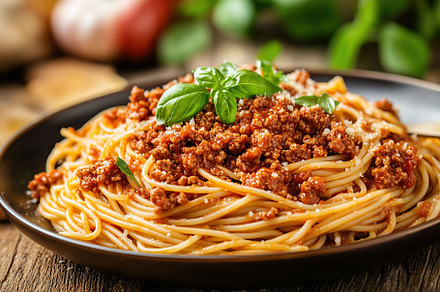 Spaghetti bolognese with ground beef in plate, a Food & Drink Photo by AlyaAnd