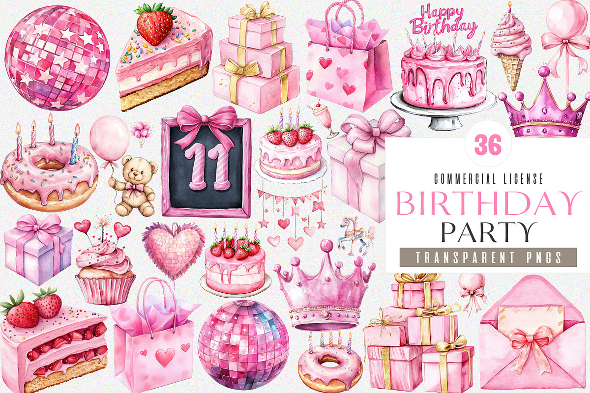 Pink Birthday Party Clipart PNG, an Illustration by SinaCreation (Photo 1 of 4)