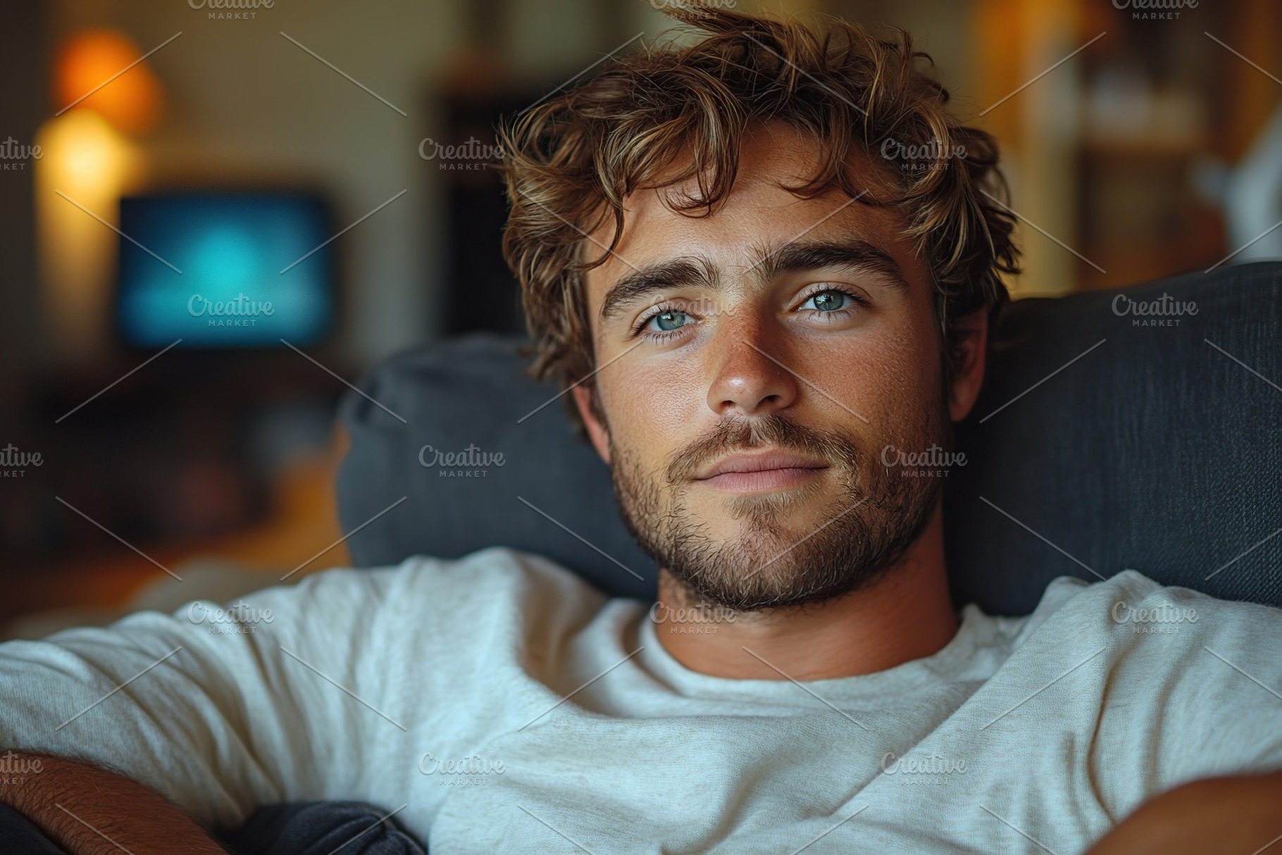 Portrait of handsome man sitting on sofa at home, a Person Photo by AlyaAnd