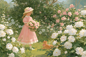 Little girl gathering pink flowers in a peaceful blooming garden, an Illustration by Studio ANNA