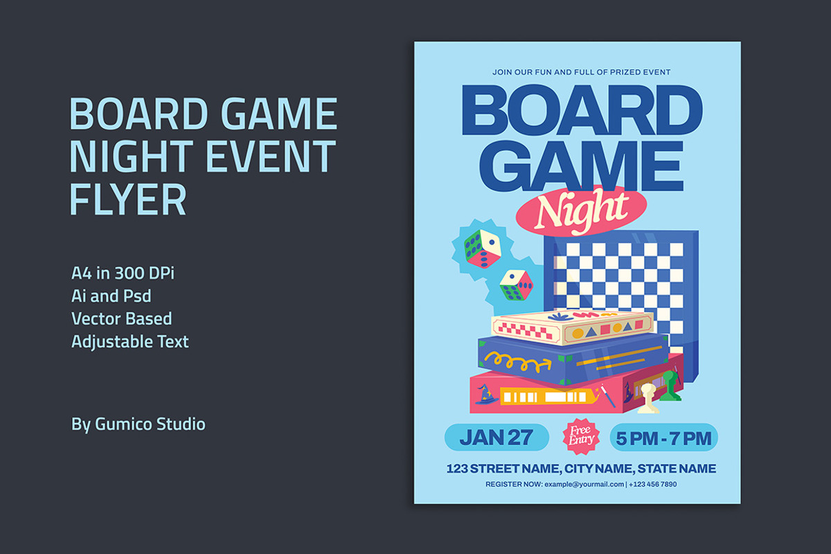 Board Game Night Event Flyer, a Flyer Template by Gumico Studio. (Photo 1 of 3)