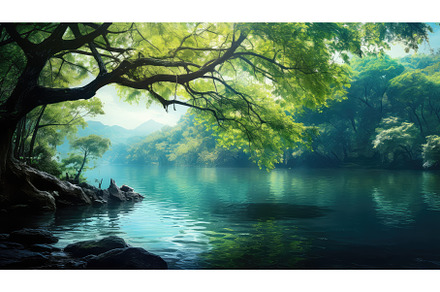 sky blue lake tree landscape ai, a Nature Photo by pikepicture