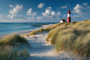 Red and white lighthouse on sandy be, a Photo by Pixeness Studio