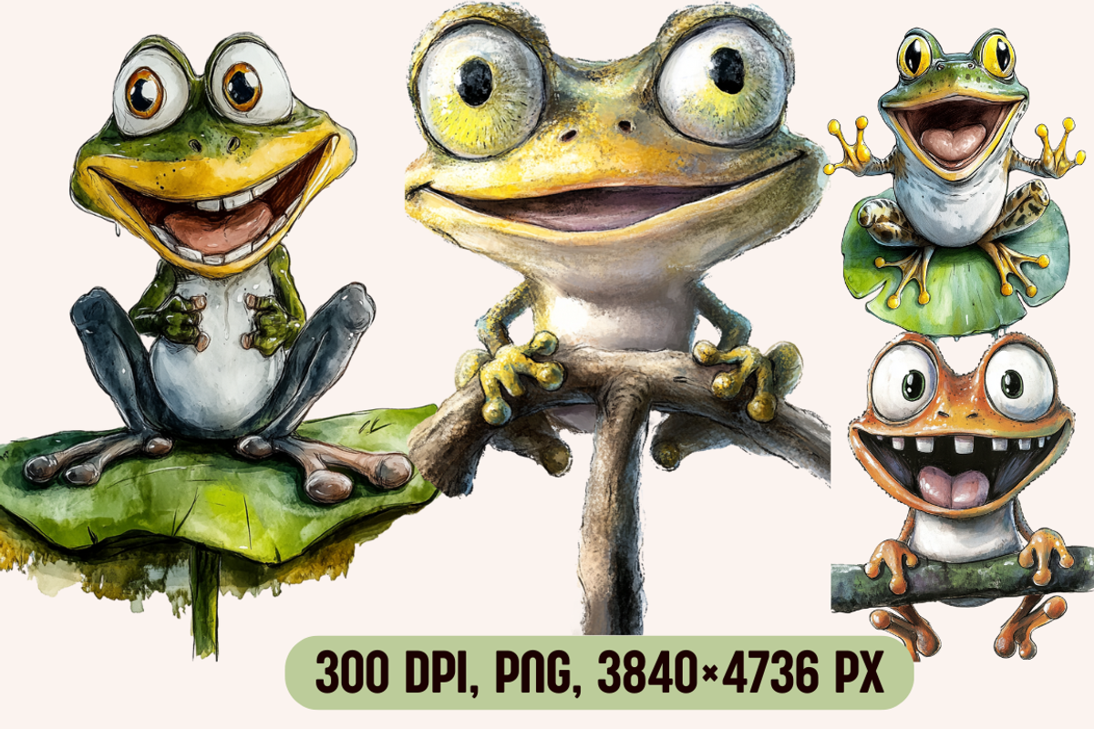 Watercolor Cartoon Frog Illustration, an Animal Illustration by PrintHaven Designs (Photo 3 of 10)