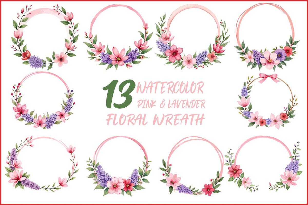 Pink Lavender Floral Wreath Bundle, an Illustration by BIPLOB EXPERT (Photo 1 of 14)