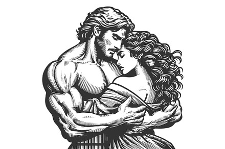 Romantic Couple Embracing engraving, a Person Illustration by AlexArt