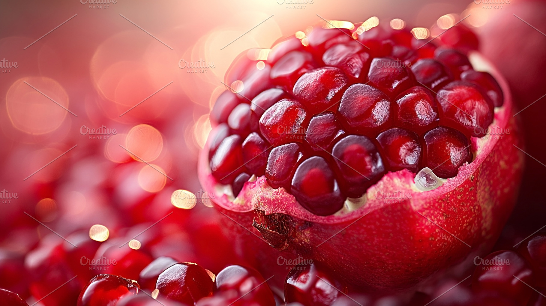 Close-up of a freshly cut pomegranate revealing vibrant red seed, a Food & Drink Photo by ImageMir