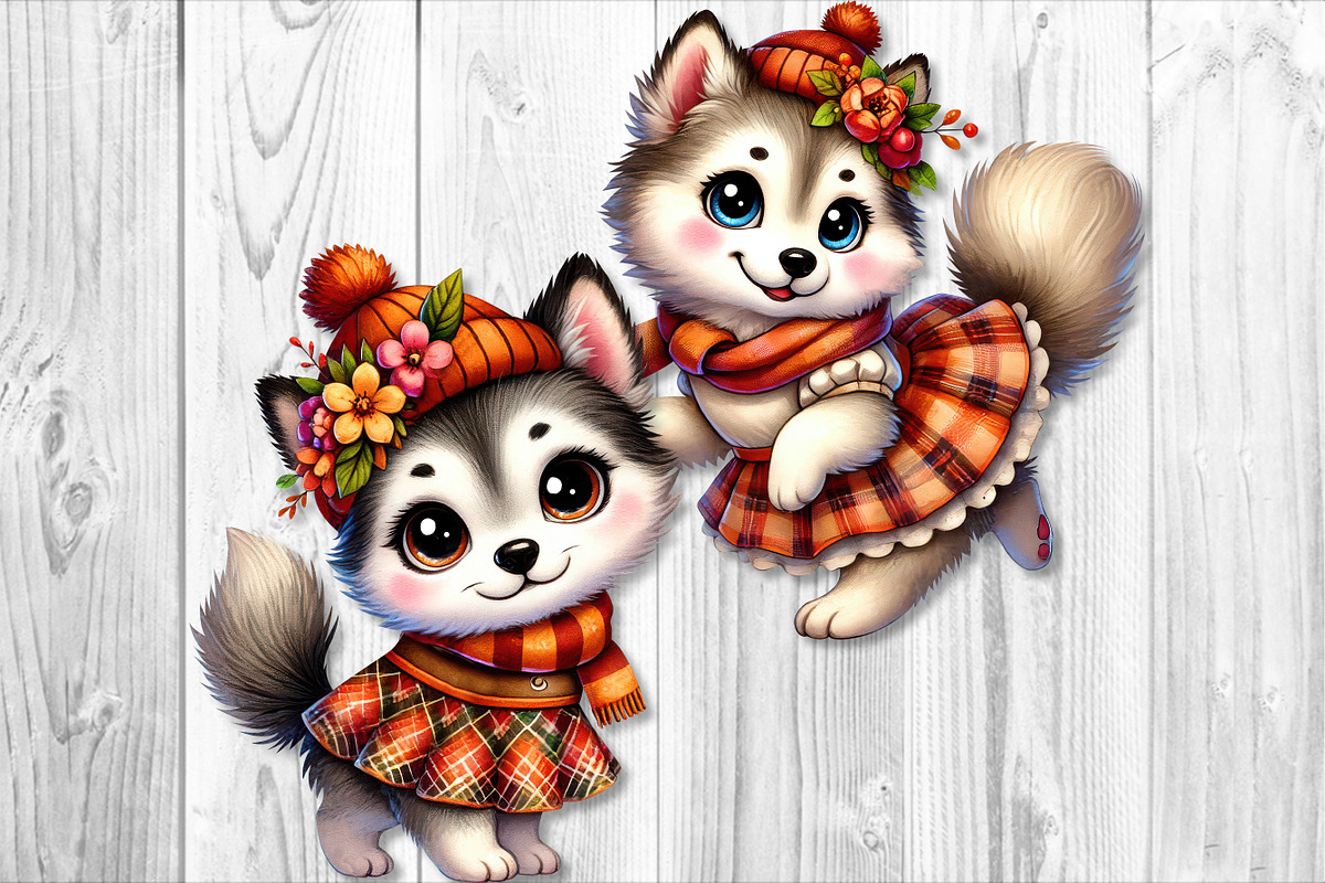 Cute Autumn Husky Dog Clipart Set, a Seasonal Illustration by V Design Creator (Photo 7 of 9)