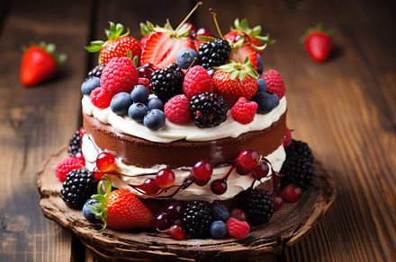 Chocolate cake with fresh berries on wooden table, a Food & Drink Photo by AlyaAnd