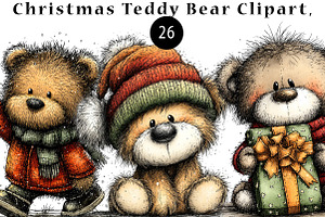 Christmas Teddy Bear Clipart,, a Seasonal Illustration by CreationArt