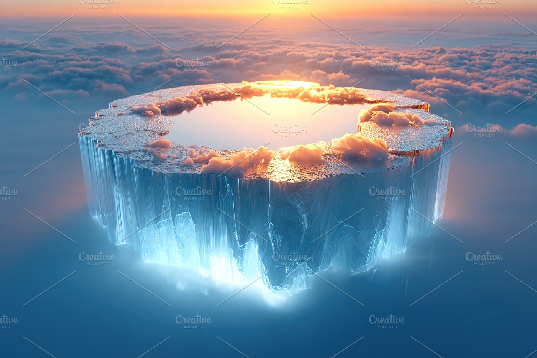 Floating ice formation with a reflective surface at sunset over cloud layers, a Photo by AlyaAnd