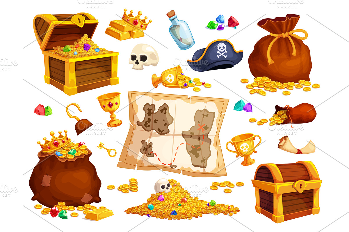 Pirate treasure set. Treasures chest, an Illustration by Stock-Smart-Start