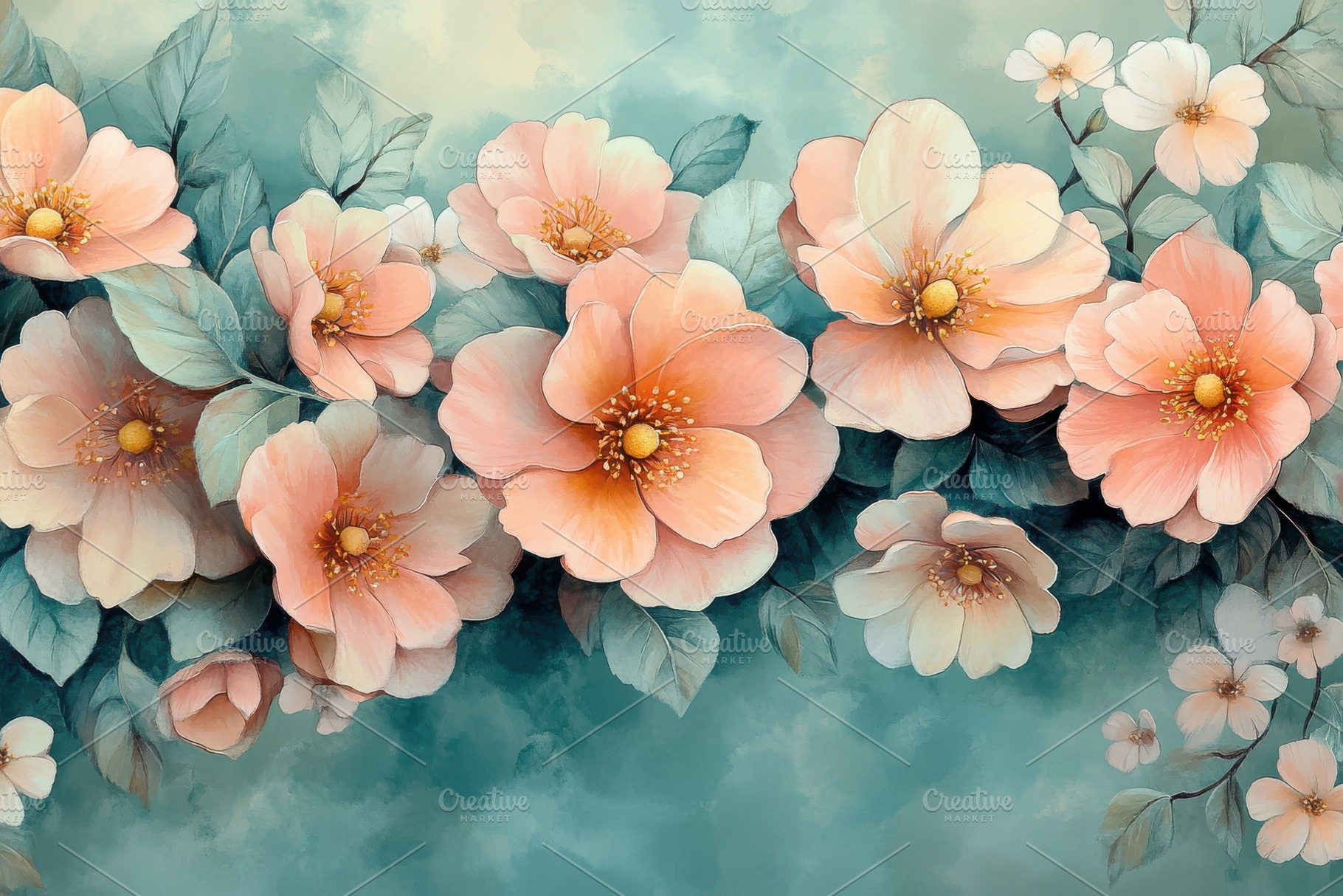 Peach blossoms teal background flora, a Photo by Pixeness Studio
