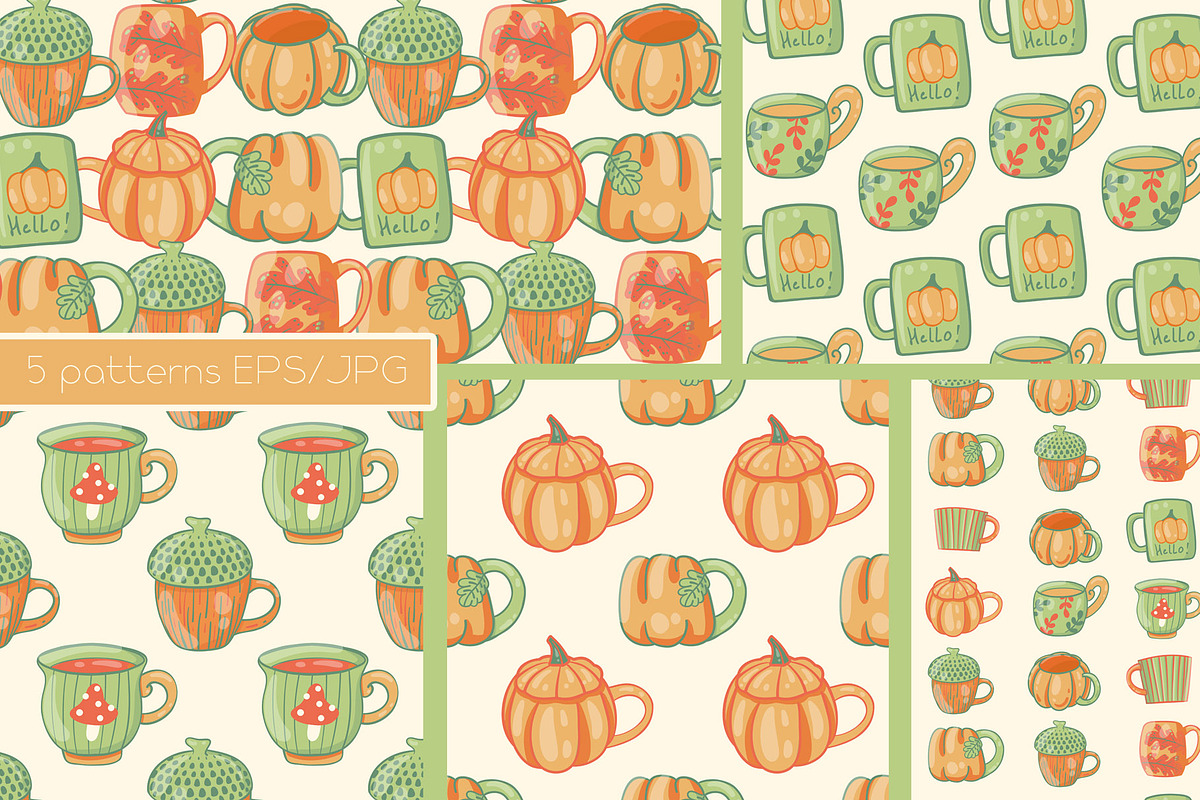 Autumn Pumpkins Mugs clipart pattern, a Seasonal Illustration by Carpet Tapete Pretzel (Photo 2 of 9)