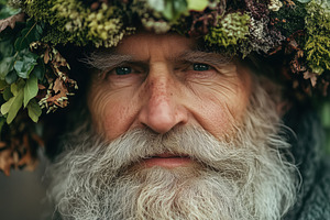 A close-up portrait of an elderly forester man with a long white beard, wearing, a Person Photo by Textures & Backgrounds