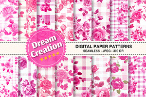 Pink Floral Gingham Seamless Pattern, a Texture Graphic by Dream Creation