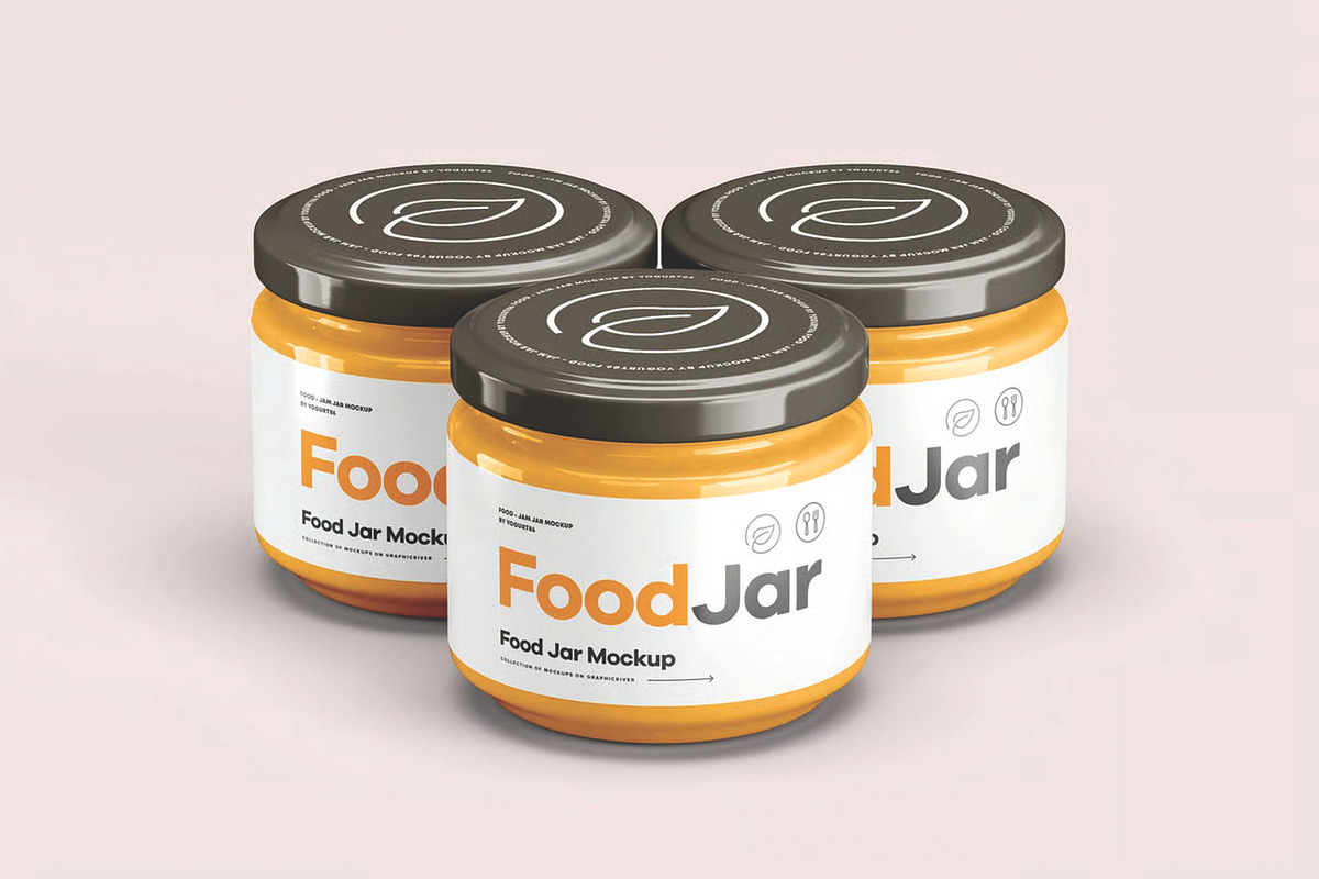 Three Food Honey Glass Jar Mockup, a Packaging Mockup by DesignRushMarket (Photo 1 of 2)