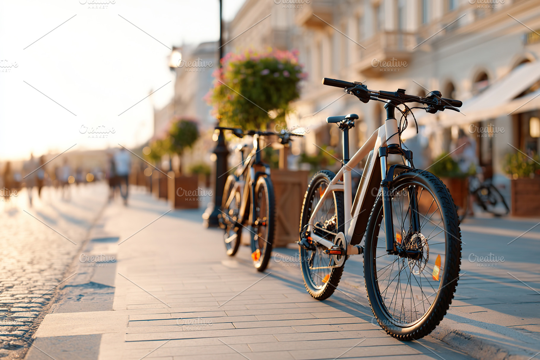 Bicycles parked along a charming pedestrian street during sunset in a vibrant c, a Photo by AlyaAnd