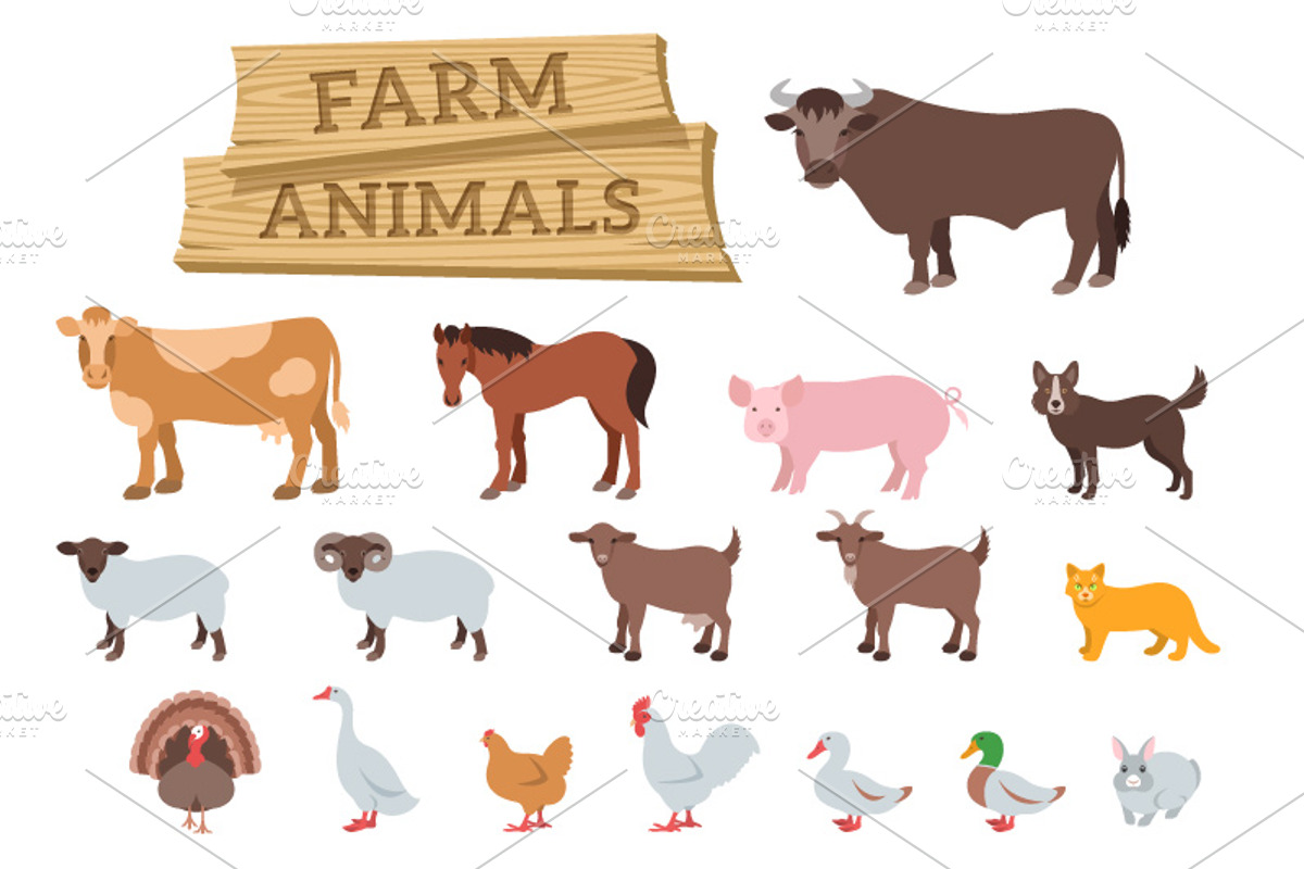 Domestic farm animals flat icons, an Animal Illustration by Vectorikart
