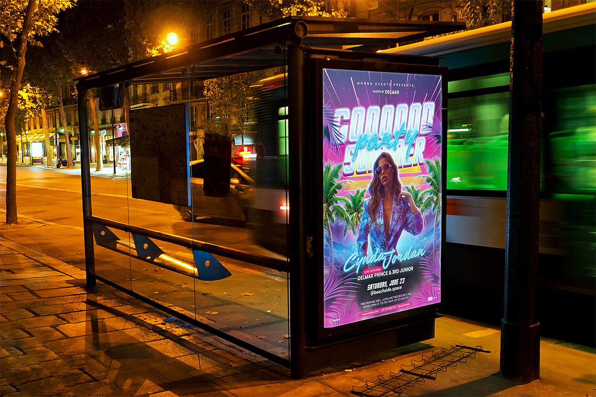 Synthwave Summer Party Flyer PSD, a Flyer Template by Bornx Design (Photo 6 of 6)