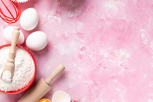 Baking background containing baking, ingredients, and bake