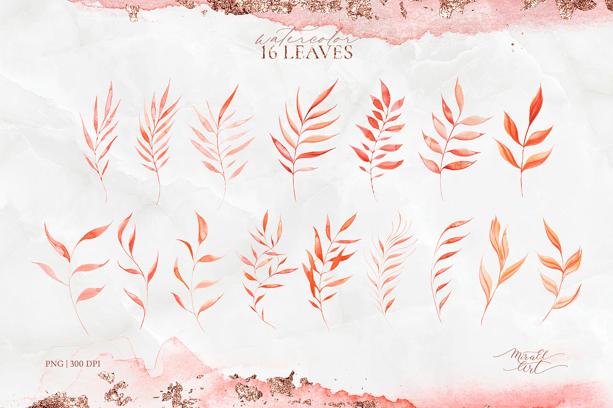 Pink watercolor leaves set. Alphabet, a Decorative Illustration by MiraEl Art (Photo 12 of 15)