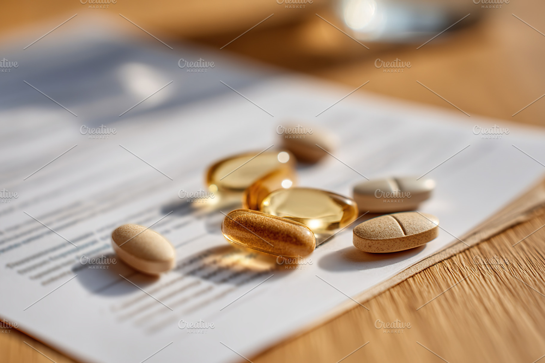 Several pills scattered on a document near a glass of water on a wooden table, a Photo by AlyaAnd