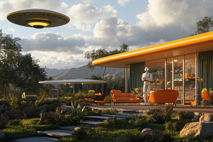A futuristic landscape featuring a modern home with large glass windows and ora, an Arts & Entertainment Photo by Textures & Backgrounds