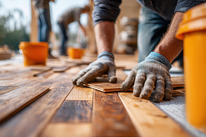 Two workers focus on installing wooden planks on the floor at a construction si, an Industrial Photo by AlyaAnd