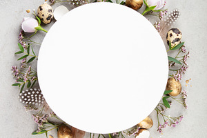 Easter Round Mockup with Floral Wreath and Golden Eggs, a Holiday Photo by Natalia Klenova's Shop