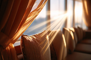 Warm sunlight streaming through large windows onto soft cushions in a cozy indo, a Photo by AlyaAnd