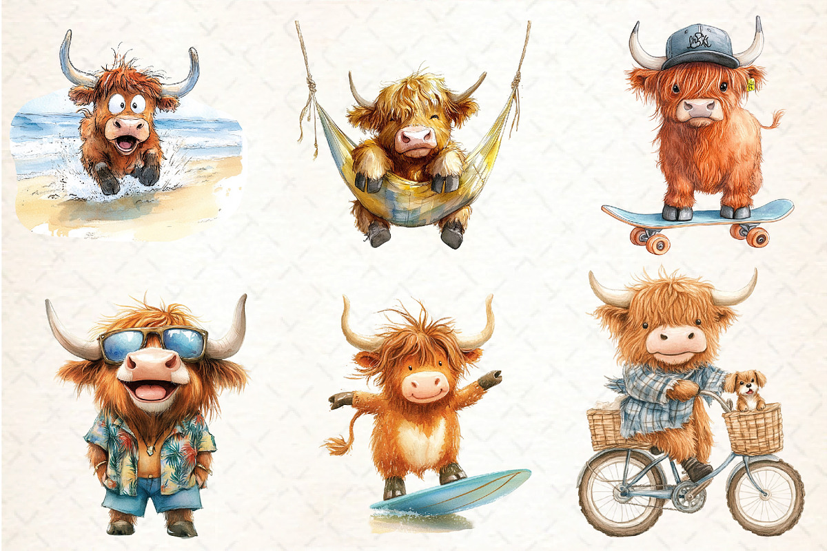Summer funny  Cute Highland Cow, an Illustration by DreamCafeArt (Photo 3 of 3)