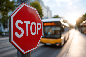 A close-up of a red stop sign with a blurred bus in the background during golde